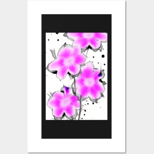BEAUTIFUL PINK, BLUE  AND BLACK FLORAL PRINT Posters and Art